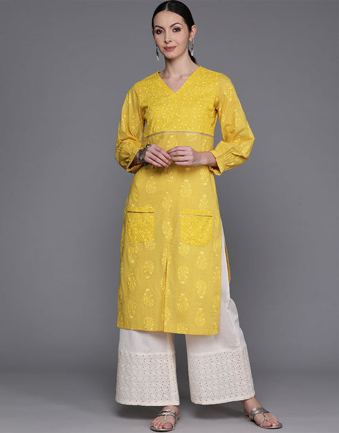trendy solid cotton attrective designer party wear readymade long kurti with mustard 13635-acy4110 Front View