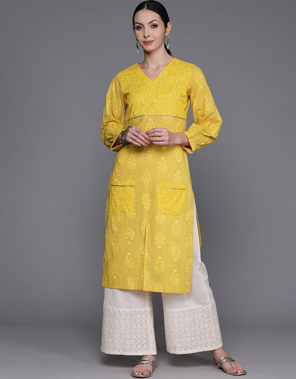 trendy solid cotton attrective designer party wear readymade long kurti with mustard 13635-acy4110 Front View