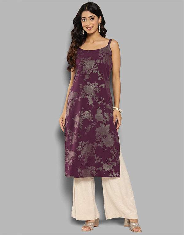 elegant floral printed crepe attrective designer party wear readymade long kurti with wine 13635-acy4111 Front View