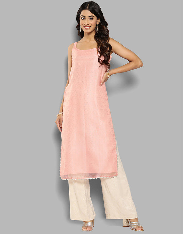 fashionable solid organza attrective designer party wear readymade long kurti with pastel pink 13635-acy4112 Front View