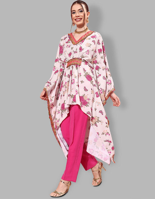 sleek floral printed crepe attrective designer party wear readymade long kurti with beige 13635-acy4113 Front View