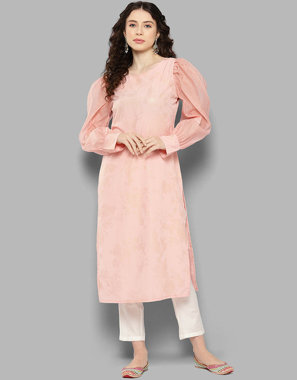 modern floral printed crepe attrective designer party wear readymade long kurti with pink 13635-acy4114 Front View