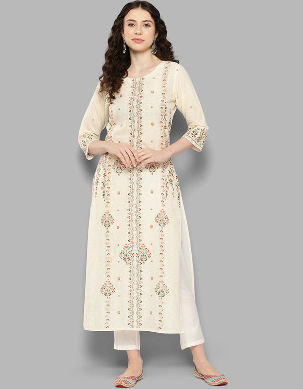 glamorous floral printed cotton attrective designer party wear readymade long kurti with off-white 13635-acy4116 Front View