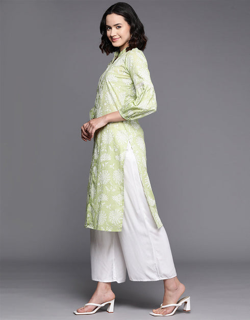 contemporary floral printed cotton attrective designer party wear readymade long kurti with pista green 13635-acy4117 Back View