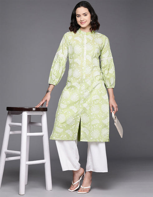 contemporary floral printed cotton attrective designer party wear readymade long kurti with pista green 13635-acy4117 Side View