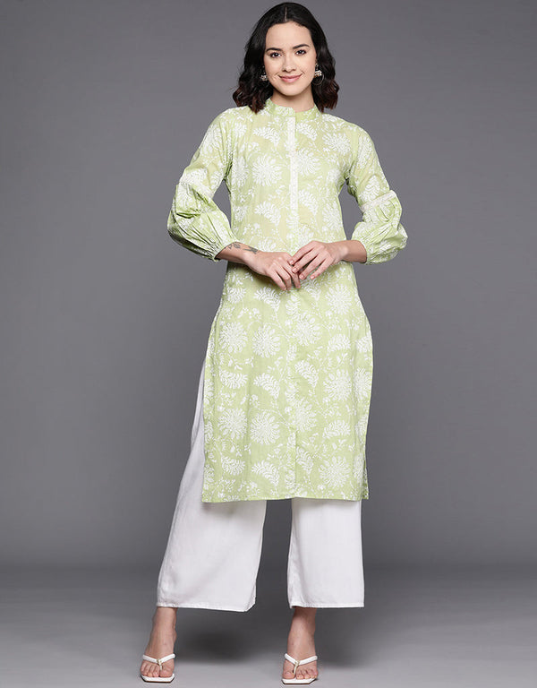 contemporary floral printed cotton attrective designer party wear readymade long kurti with pista green 13635-acy4117 Front View