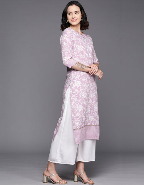 classy floral printed cotton attrective designer party wear readymade long kurti with lavender 13635-acy4118 Side View