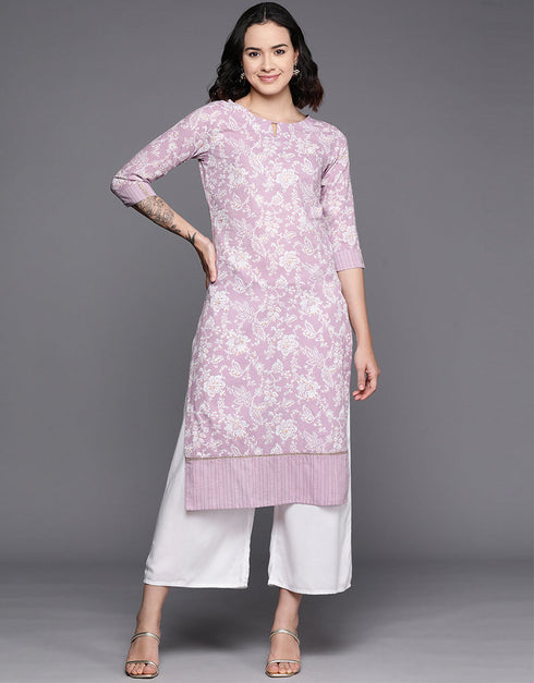 classy floral printed cotton attrective designer party wear readymade long kurti with lavender 13635-acy4118 Front View