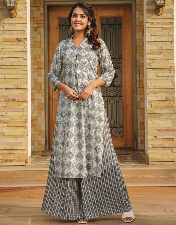 fashionable grey rayon trendy party wear readymade top bottom collection straight design palazzo 13666-acy4120 Front View