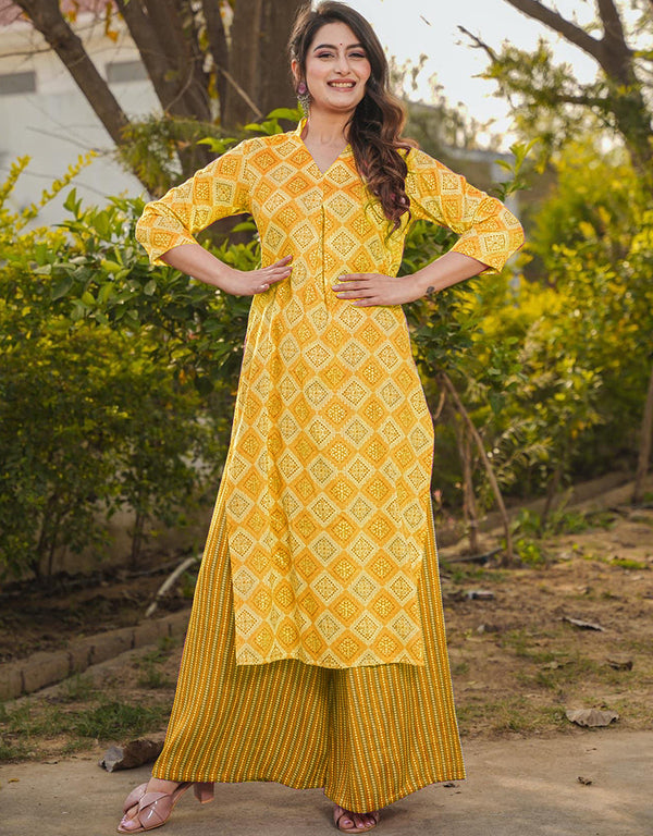 sleek yellow rayon trendy party wear readymade top bottom collection straight design palazzo 13666-acy4121 Front View