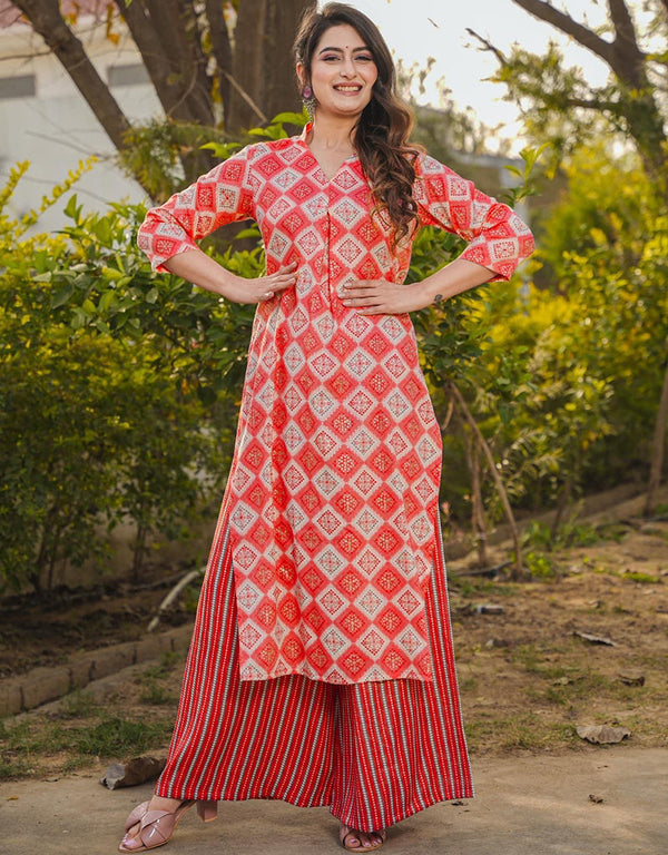 sophisticated red rayon trendy party wear readymade top bottom collection straight design palazzo 13666-acy4123 Front View