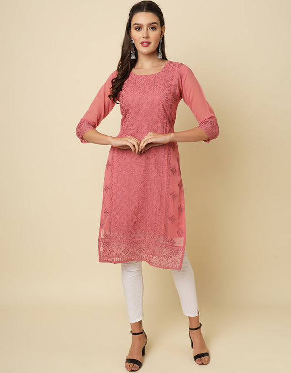 sophisticated thread chikankari embroidery work georgette trendy designer party wear readymade long kurti collection with pink 13670-acy4141 Front View