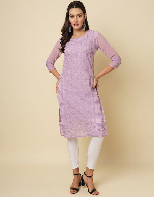 glamorous thread chikankari embroidery work georgette trendy designer party wear readymade long kurti collection with purple 13670-acy4142 Front View