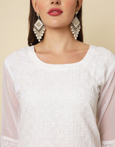 contemporary thread chikankari embroidery work georgette trendy designer party wear readymade long kurti collection with white 13670-acy4143 Back View