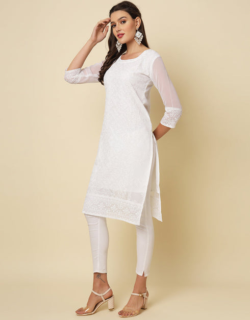 contemporary thread chikankari embroidery work georgette trendy designer party wear readymade long kurti collection with white 13670-acy4143 Side View