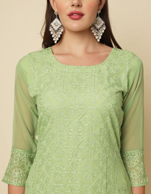 classy thread chikankari embroidery work georgette trendy designer party wear readymade long kurti collection with pista 13670-acy4144 Back View