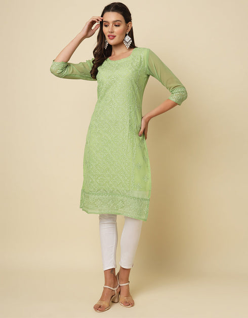 classy thread chikankari embroidery work georgette trendy designer party wear readymade long kurti collection with pista 13670-acy4144 Side View