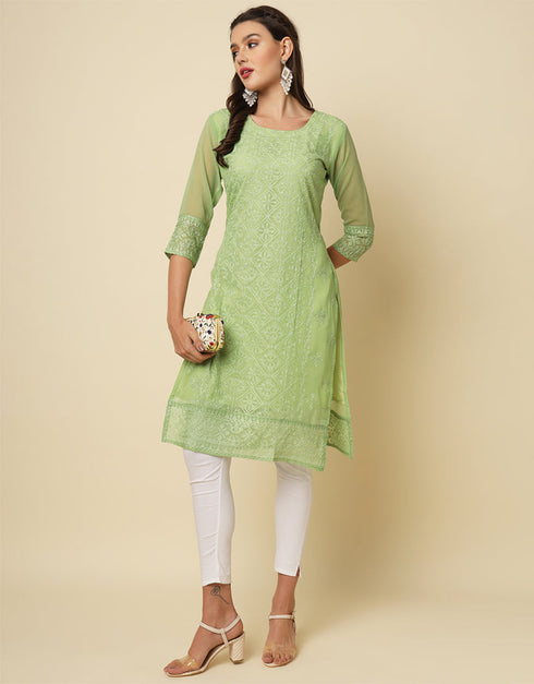 classy thread chikankari embroidery work georgette trendy designer party wear readymade long kurti collection with pista 13670-acy4144 Front View