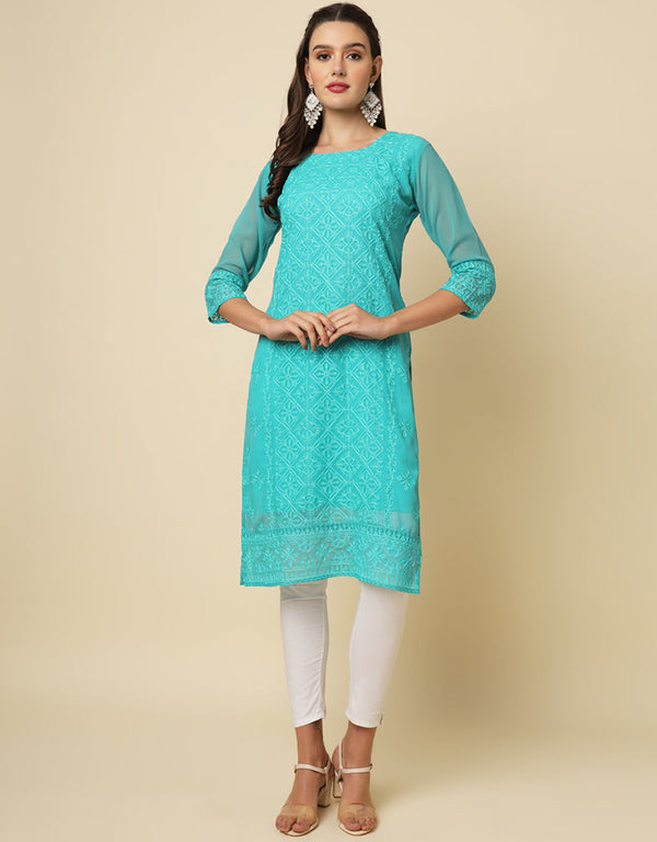 stylish thread chikankari embroidery work georgette trendy designer party wear readymade long kurti collection with sea green 13670-acy4145 Front View