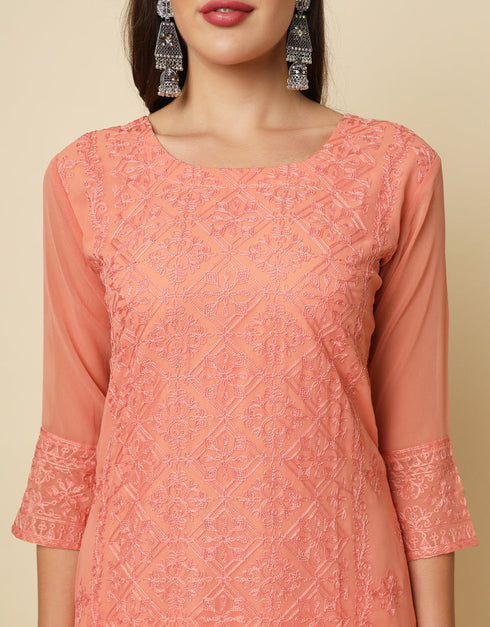 chic thread chikankari embroidery work georgette trendy designer party wear readymade long kurti collection with gajri 13670-acy4146 Back View