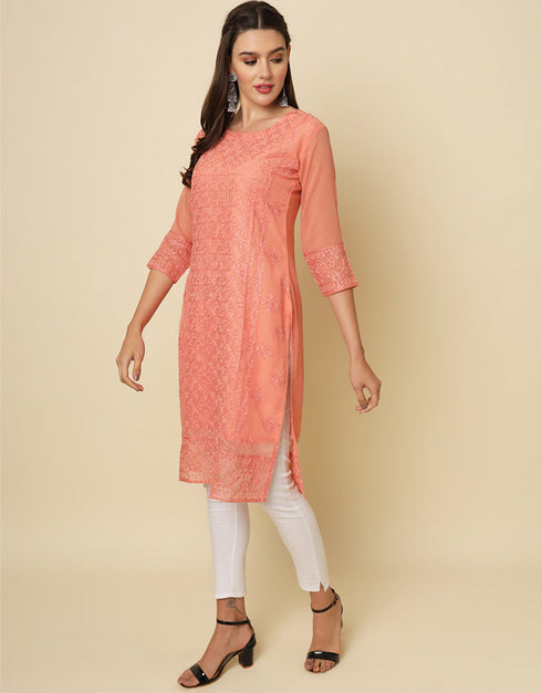 chic thread chikankari embroidery work georgette trendy designer party wear readymade long kurti collection with gajri 13670-acy4146 Side View