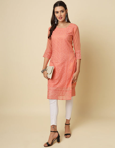 chic thread chikankari embroidery work georgette trendy designer party wear readymade long kurti collection with gajri 13670-acy4146 Front View