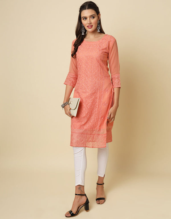 chic thread chikankari embroidery work georgette trendy designer party wear readymade long kurti collection with gajri 13670-acy4146 Front View