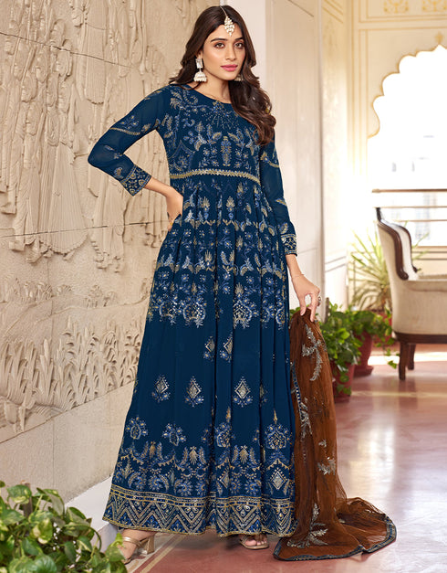 stylish blue faux georgette heavy designer wedding wear salwar suit with blue dull santoon 13671-acy4147 Front View
