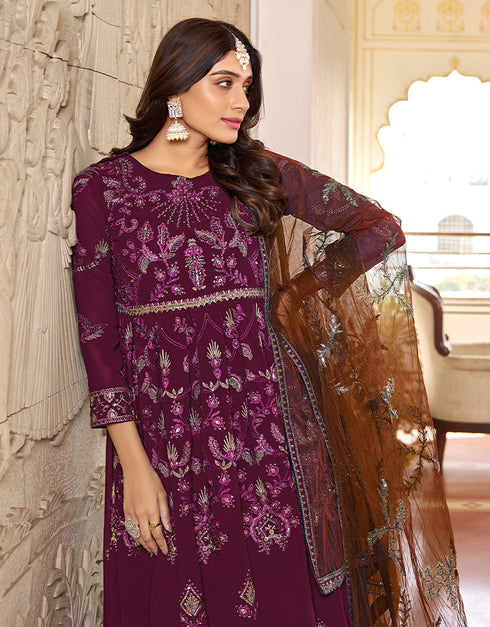 chic wine faux georgette heavy designer wedding wear salwar suit with wine dull santoon 13671-acy4148 Back View