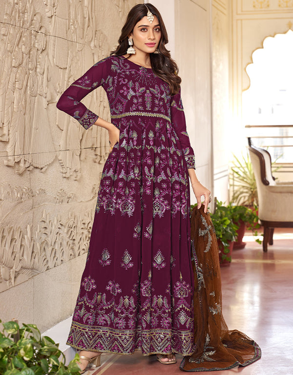 chic wine faux georgette heavy designer wedding wear salwar suit with wine dull santoon 13671-acy4148 Front View