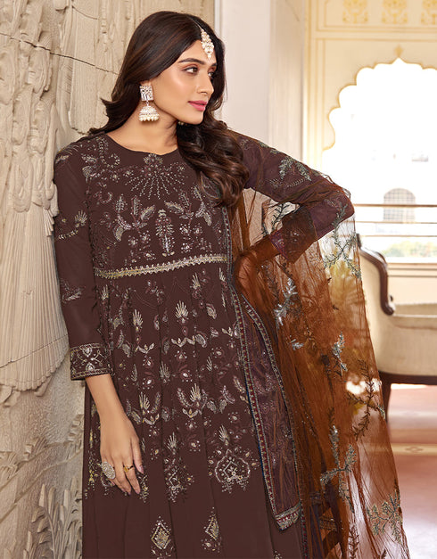 elegant coffee faux georgette heavy designer wedding wear salwar suit with coffee dull santoon 13671-acy4150 Back View