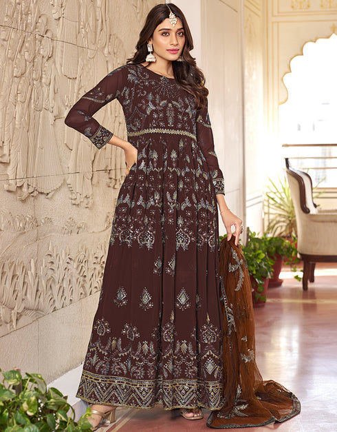 elegant coffee faux georgette heavy designer wedding wear salwar suit with coffee dull santoon 13671-acy4150 Front View