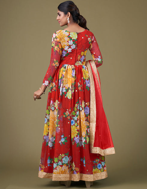 stylish red faux georgette trendy designer party wear salwar suit with red santoon 13677-acy4182 Close-up View