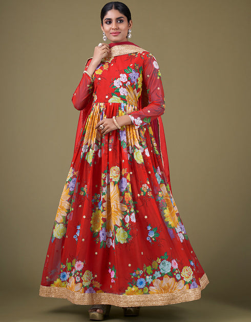 stylish red faux georgette trendy designer party wear salwar suit with red santoon 13677-acy4182 Front View