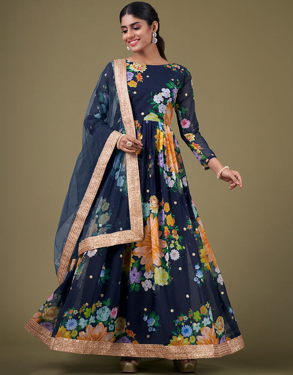 chic blue faux georgette trendy designer party wear salwar suit with blue santoon 13677-acy4183 Front View