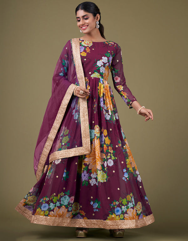 elegant wine faux georgette trendy designer party wear salwar suit with wine santoon 13677-acy4185 Front View