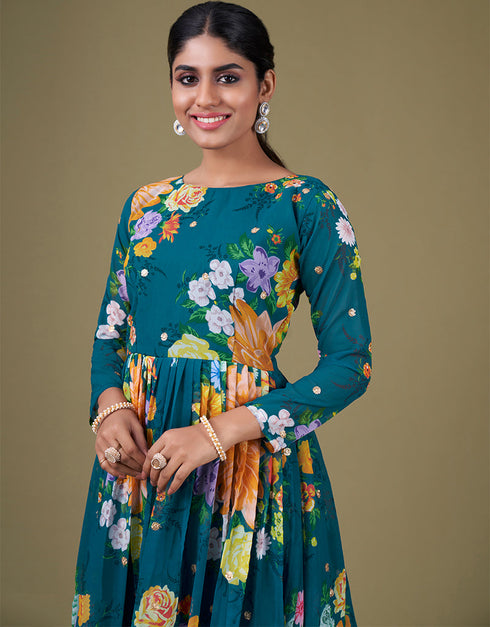 sleek teal blue faux georgette trendy designer party wear salwar suit with teal blue santoon 13677-acy4187 Back View