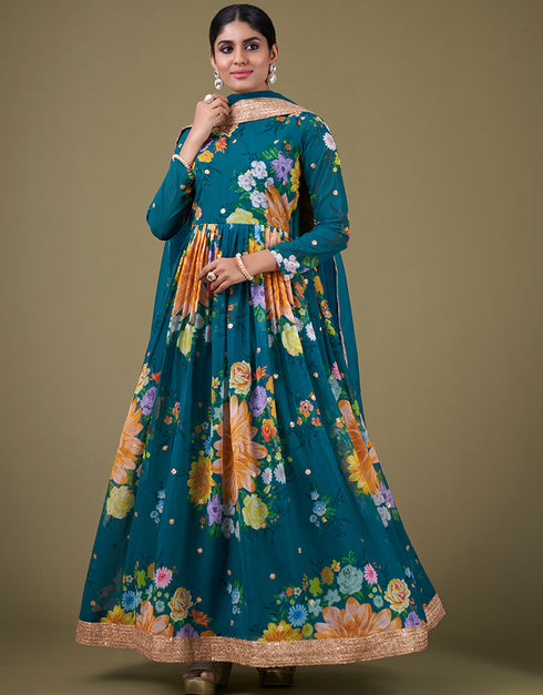 sleek teal blue faux georgette trendy designer party wear salwar suit with teal blue santoon 13677-acy4187 Front View