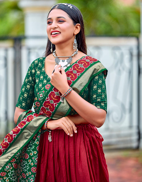 stylish green cotton traditional wear women's heavy lehenga choli collection with wine red cotton 13681-acy4209 Close-up View