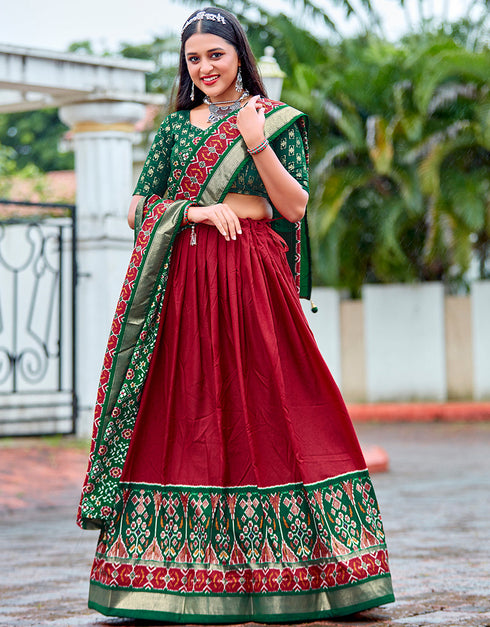 stylish green cotton traditional wear women's heavy lehenga choli collection with wine red cotton 13681-acy4209 Back View