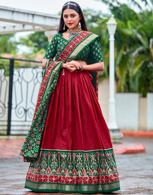 stylish green cotton traditional wear women's heavy lehenga choli collection with wine red cotton 13681-acy4209 Front View