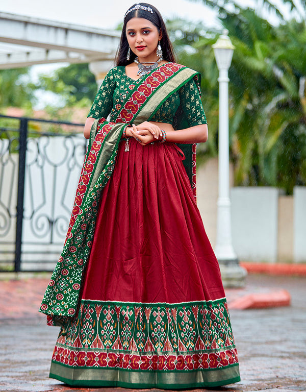 stylish green cotton traditional wear women's heavy lehenga choli collection with wine red cotton 13681-acy4209 Front View