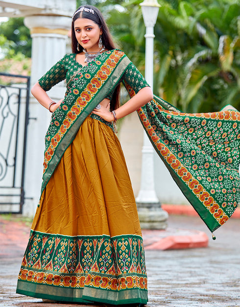 chic green cotton traditional wear women's heavy lehenga choli collection with pirate gold cotton 13681-acy4210 Back View