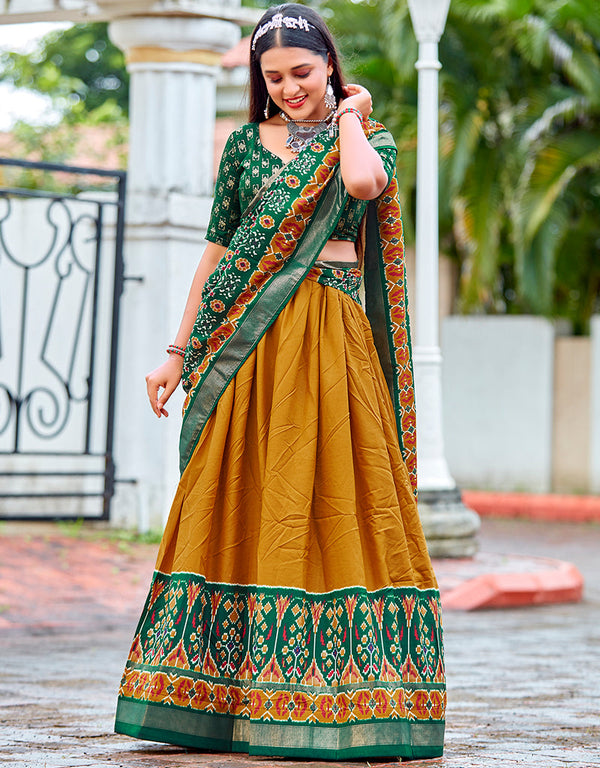 chic green cotton traditional wear women's heavy lehenga choli collection with pirate gold cotton 13681-acy4210 Front View