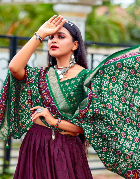 trendy green cotton traditional wear women's heavy lehenga choli collection with pansy purple cotton 13681-acy4211 Close-up View