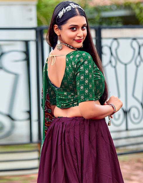 trendy green cotton traditional wear women's heavy lehenga choli collection with pansy purple cotton 13681-acy4211 Back View