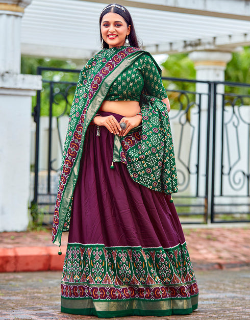 trendy green cotton traditional wear women's heavy lehenga choli collection with pansy purple cotton 13681-acy4211 Front View