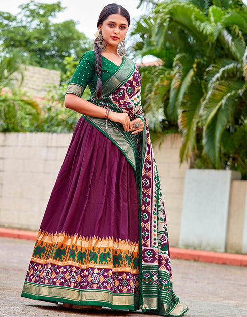 elegant green cotton traditional wear women's heavy lehenga choli collection with wine cotton 13681-acy4212 Back View
