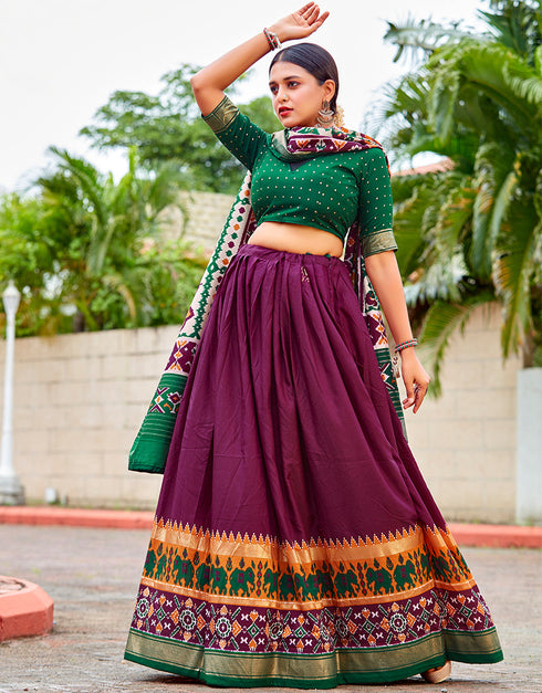 elegant green cotton traditional wear women's heavy lehenga choli collection with wine cotton 13681-acy4212 Front View