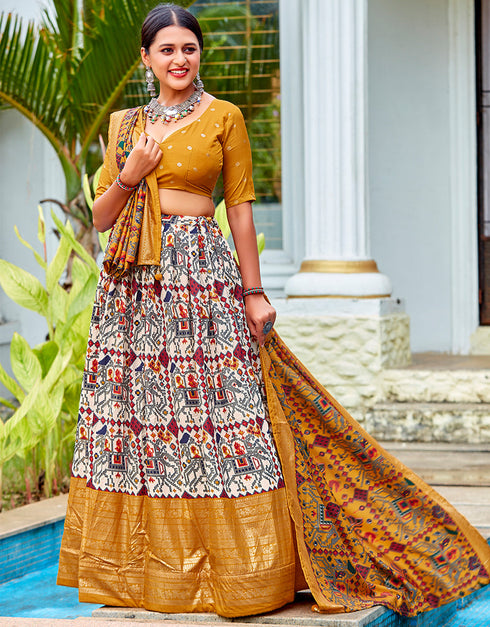 fashionable mustard cotton traditional wear women's heavy lehenga choli collection with white cotton 13681-acy4213 Front View
